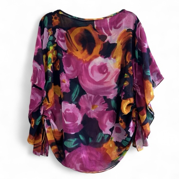 St. John 2009 Y2K Silk Sheer Navy Pink Floral Poncho Boat Neck Blouse Top Sz P/S - Picture 1 of 12